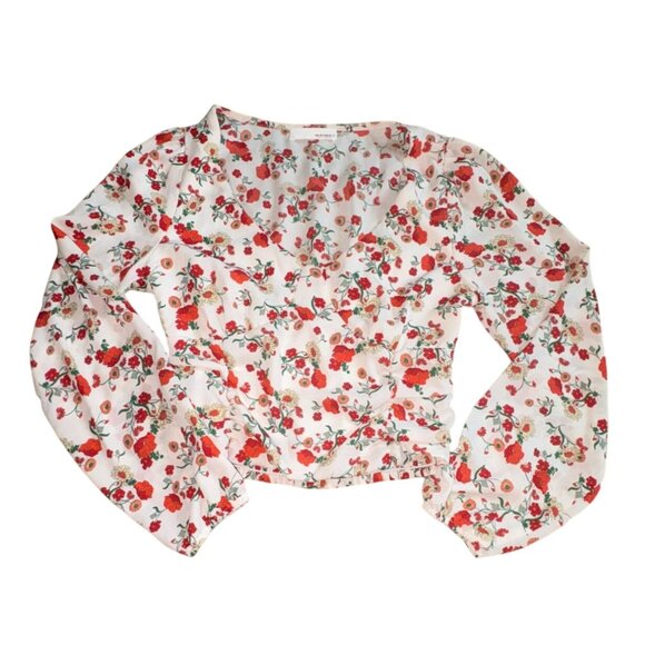 Heatherly Womens Floral Blouse-Balloon Sleeves-White/Red-Size XSP-GUC - Picture 1 of 7